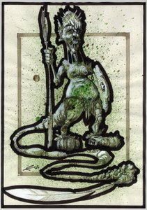 Legendäres Monster für Fantasy-Illustration: Gesicht eines Stammeswesens oder Kriegers mit Speer, Schild und Federschwanz. Zeichnung von Alessandro Lonati