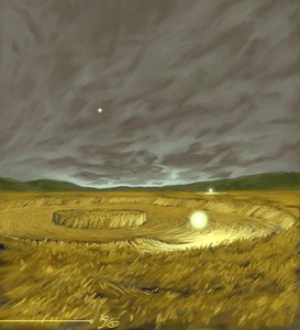 Mysteriöse Phänomene: Darstellung der legendären Entstehung von Kornkreisen (Agroglyphen), geometrische Formen in Weizenfeldern, die laut einigen Theorien das Werk von Außerirdischen (UFOs) sind. Zeichnung von Alessandro Lonati
