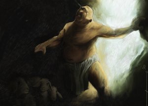 Odyssee von Homer: Der Zyklop Polyphem wird von Odysseus in seiner Höhle geblendet. Illustration von Alessandro Lonati, 2010