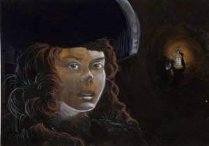 Porträt einer Piratenfrau (Freibeuterin) oder Matrosin in der Nacht, beleuchtet von der Laterne eines anderen Piraten