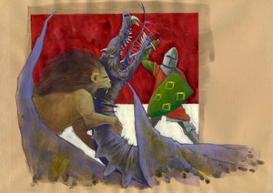 Yvain, der Löwenritter, kämpft gegen den Drachen