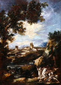 Landschaft mit betenden Karmelitenmönchen an einem Wegesrand-Schrein, ca. 1720