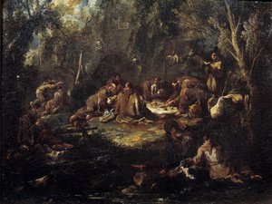 Szene des klösterlichen Lebens: Mönche beim Frühstück, Beten und Lesen im Unterholz. Gemälde von Alessandro Magnasco von Alessandro Magnasco