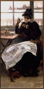 Eine Frau in Schwarz, die Zeitung lesend und eine Tasse Kaffee in einem Bistro trinkend. Gemälde von Alessandro Milesi (1856-1945) von Alessandro Milesi
