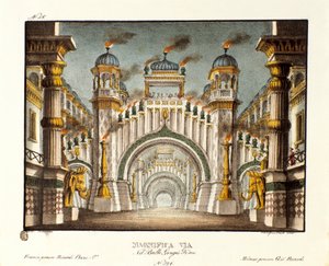 Ein Tempel zur Zeit von Dschingis Khan. Szenografie für das Ballett „Genis-Kan“ von Giovanni Galzerani (1828). Lithografie in „Raccolta di invenzioni sceniche del 1830 di Alessandro Sanquirico“