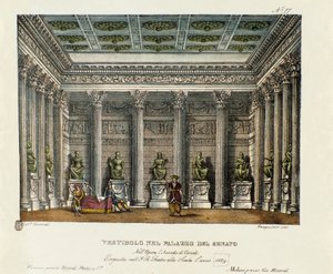 Das Vestibül des Palastes des Senats (Akt I). Szenografie für die Aufführung der Oper „Die Belagerung von Korinth“ (1826) von Gioacchino Rossini. Lithografie in „Raccolta di invenzioni sceniche del 1830 di Alessandro Sanquirico“