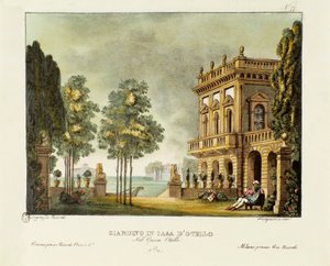 Ansicht von Otellos Garten und Haus. Szenografie für die Oper „Otello“ von Gioacchino Rossini (1816) nach William Shakespeares Stück „Othello oder der Mohr von Venedig“. Lithografie in „Raccolta di invenzioni sceniche del 1830 di Alessandro Sanquirico“