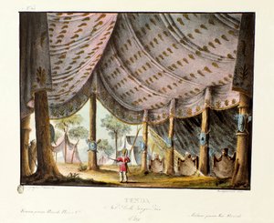 Ansicht des königlichen Zeltes von Dschingis Khan, Bühnenbild für das Ballett Genis-Kan von Giovanni Galzerani