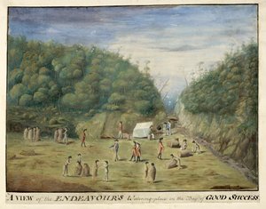 Ansicht des Wasserplatzes der Endeavour in der Bucht des Guten Erfolgs, Feuerland, mit Einheimischen, Januar 1769