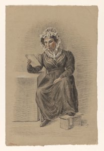 Sitzende Frau mit dem Fuß auf einem Hocker, einen Brief lesend