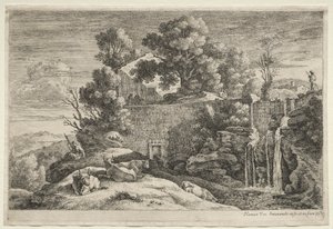 Landschaft mit einer Frau beim Spinnen