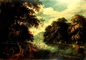 Waldlandschaft mit Vogelfängern an einem Fluss