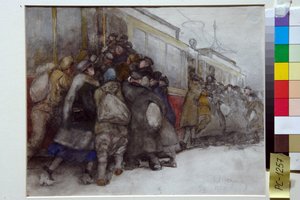 Menschen versuchen, in eine bereits volle Straßenbahn einzusteigen von Alexander Ivanovich Vakhrameyev von Alexander Vakhrameyev