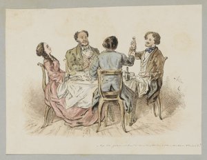 Vier Figuren, die an einem Tisch einen Toast ausbringen