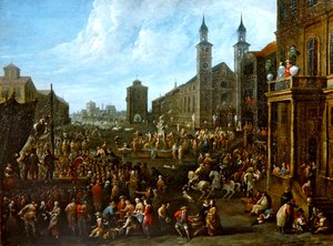 Eine Marktszene mit Straßenkünstlern und anderen Figuren