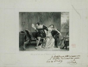 Die Briefszene aus der Oper Der Barbier von Sevilla von Rossini, graviert von Villain de Sevres von Alexandre Evariste Fragonard