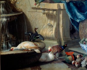 Enten, Fasan, Obst in der Nähe eines Brunnens (Detail) von Alexandre Francois Desportes