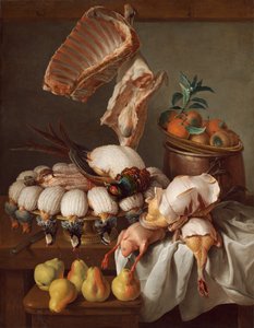 Stillleben mit Wildbret, Fleisch und Obst, 1734