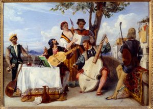 Das venezianische Konzert. Musiker (Cello, Laute, Violine) und Sänger auf einer Terrasse, bedient von einem schwarzen Diener. Gemälde von Alexandre Hesse (1806-1879) 19. Jahrhundert von Alexandre Jean Baptiste Hesse