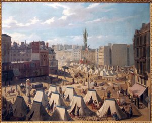 Truppenlager am Boulevard du Temple in Paris während der Junitage 1848. Gemälde von Josquin (?), Öl auf Leinwand, französische Kunst