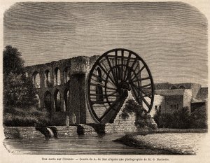 La noria (hydraulische Maschine zur Anhebung des Wasserspiegels mit der durch die Strömung erzeugten Energie) am Orontes, einem Fluss im Nahen Osten, der Syrien bis zum Mittelmeer durchquert, Zeichnung von A.de Bar, zur Illustration der Mission von Ernest  von Alexandre de (after) Bar