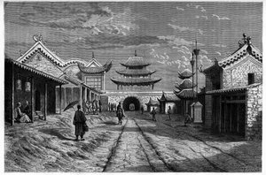 Ansicht einer Straße in Youn Tchen Sian, China. Gravur nach einer Zeichnung von A. de Bar, in Le Tour du Monde, Nouveau journal des Voyages, herausgegeben von Edouard Charton, Paris von Alexandre de (after) Bar