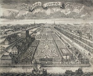 Blick auf die Sommergärten vom Fluss Newa, 1717