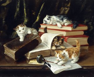 Kätzchen spielen auf dem Schreibtisch von Alfred Brunel de Neuville