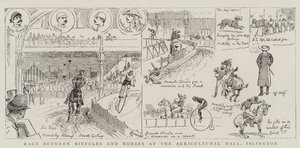Rennen zwischen Fahrrädern und Pferden in der Agricultural Hall, Islington