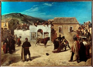 Novillada am Escurial, Szene des Stierkampfs zwischen jungen Stieren und jungen Stierkämpfern in Spanien, Gemälde von Alfred Dehodencq, 1850, Pau, Museum der Schönen Künste von Alfred Dehodencq