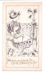 Viktorianische Neujahrskarte eines Ästheten, der eine Vase mit Pfauenfedern bewundert, ca. 1881 (monochrom)