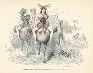 Frauen in Tierfellen und Federn, die Strauße und Schwäne reiten