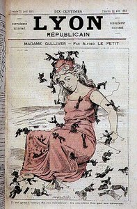 Madame Gulliver: Es ist höchste Zeit, mich aufzuwecken: Sie hätten mich gegessen (Marianne steht auf und Männer des Klerus, als Liliputaner, versuchen, sie zu fesseln) - von Alfred Le Petitty, in „Lyon Républicain“ vom 25.04.1880