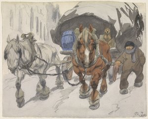 Bauernwagen mit zwei Pferden davor von Alfred Ost
