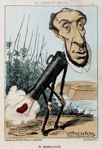 Le Bean rouge: Karikatur von Victor Schoelcher dargestellt im Zug von Peter ein Bohne (Furz) - ill. vom 16/02/1871 in „Fleurs, Fruits et Vegetables du Jour“ von Alfred Petit