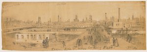 Blick von der Erie Street Bridge nach Osten während des Chicagoer Brandes von 1871