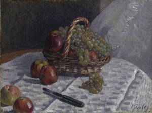 Äpfel und Trauben in einem Korb, ca. 1880-81