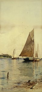 Segel trocknen, Austernboote, Patchogue, Long Island von Alfred Thompson Bricher