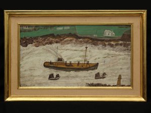 Drei Boote zwischen Leuchtturm und Küste, ca. 1930 von Alfred Wallis