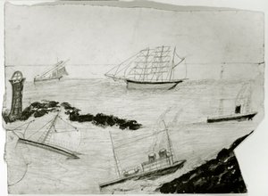 Drei Segelschiffe, zwei Dampfschiffe und Godrevy-Leuchtturm, ca. 1935-38