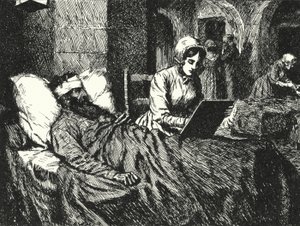Die englische Krankenschwester Florence Nightingale schreibt einen Brief für einen im Krimkrieg verwundeten Soldaten im Krankenhaus von Scutari, 1855 von Alfred Wallis Mills