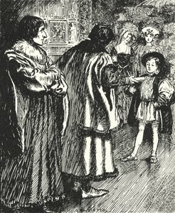 Erasmus beobachtet, wie Sir Thomas More ein Gedicht, das er geschrieben hat, dem jungen Prinzen Heinrich, dem zukünftigen König Heinrich VIII., überreicht von Alfred Wallis Mills