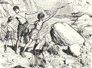 Hannibal und seine Brüder lernen, mit einer Schleuder Steine zu werfen