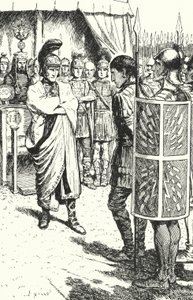 Der römische Kaiser Theodosius der Große verurteilt Magnus Maximus zum Tode wegen seiner Beteiligung am Mord an Gratian, 388 von Alfred Wallis Mills
