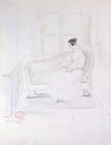 George Sand (1804-76), lesend auf einem Sofa neben einem Fenster, 1833 von Alfred de Musset