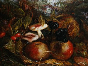 Stillleben mit Pilzen, Äpfeln und Brombeeren