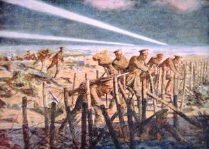 Britische Soldaten schneiden deutsche Stacheldrahtverteidigungen in der Nacht an der Westfront