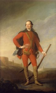 Porträt von Charles, 5. Earl of Elgin und 9. Earl of Kincardine, in voller Länge in einem scharlachroten Kostüm und einem pelzbesetzten Umhang, der ein Musket in einer romantischen Landschaft mit einer Burg im Hintergrund hält