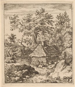 Landschaft mit Mühlstein neben einem Fass