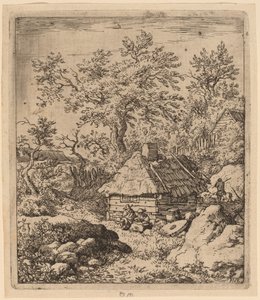 Landschaft mit Mühlstein nahe einem Fass